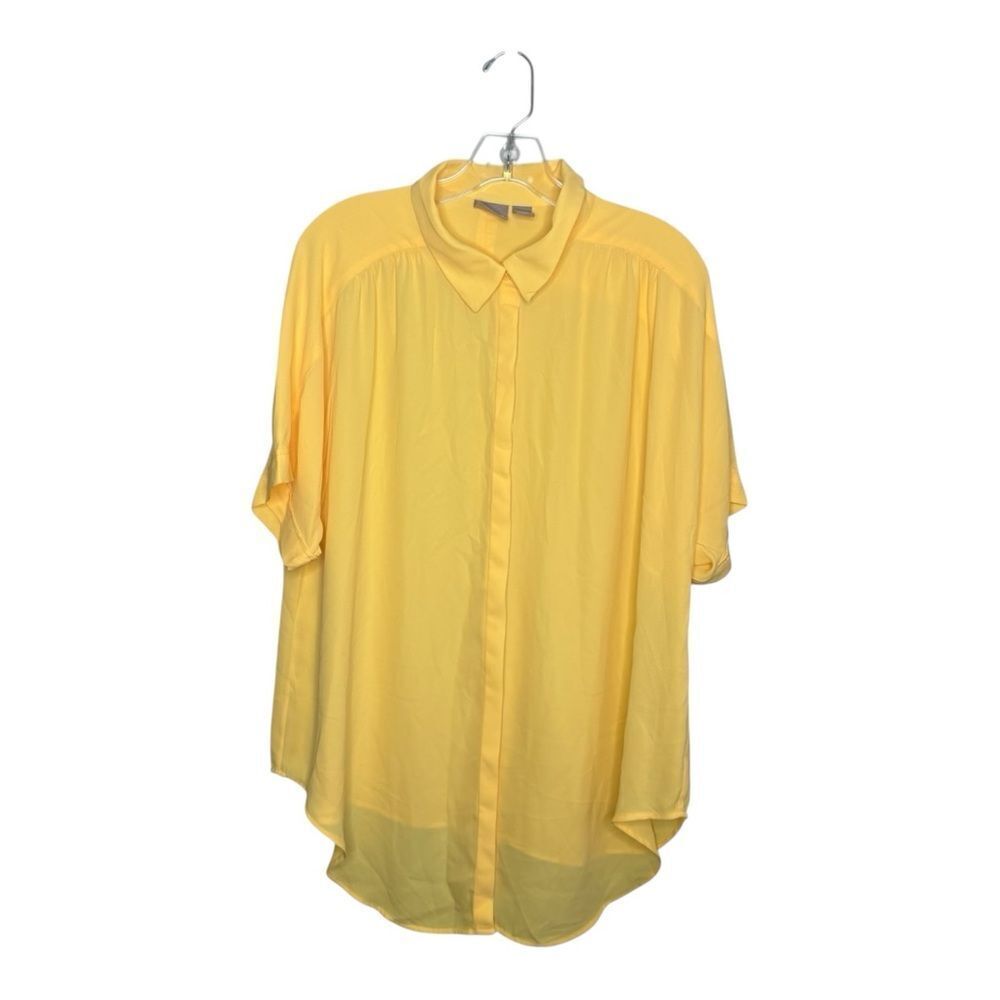 Chicos yellow button front sheer short sleeve collar blouse size 3 = XL